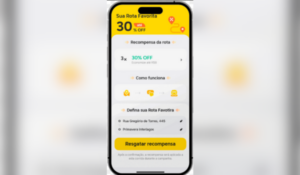 Tela de um celular exibindo a interface do aplicativo da 99 com uma promoção de 30% de desconto em uma rota favorita, destacando o botão "Resgatar recompensa".