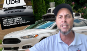 Homem de boné e camisa polo clara falando diante de imagem de um carro autônomo da Uber com sensores no teto, acompanhado de manchete sobre a chegada dos robotáxis da empresa a vários países em cerca de um ano.