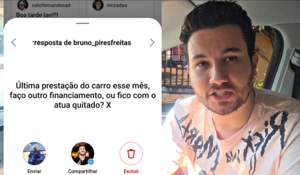 Homem dentro de um carro responde pergunta em vídeo: "Última prestação do carro esse mês, faço outro financiamento, ou fico com o atual quitado?"