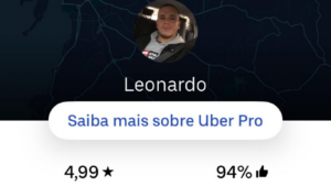 Perfil de motorista da Uber chamado Leonardo com nota 4,99 estrelas e 94% de curtidas dos passageiros.