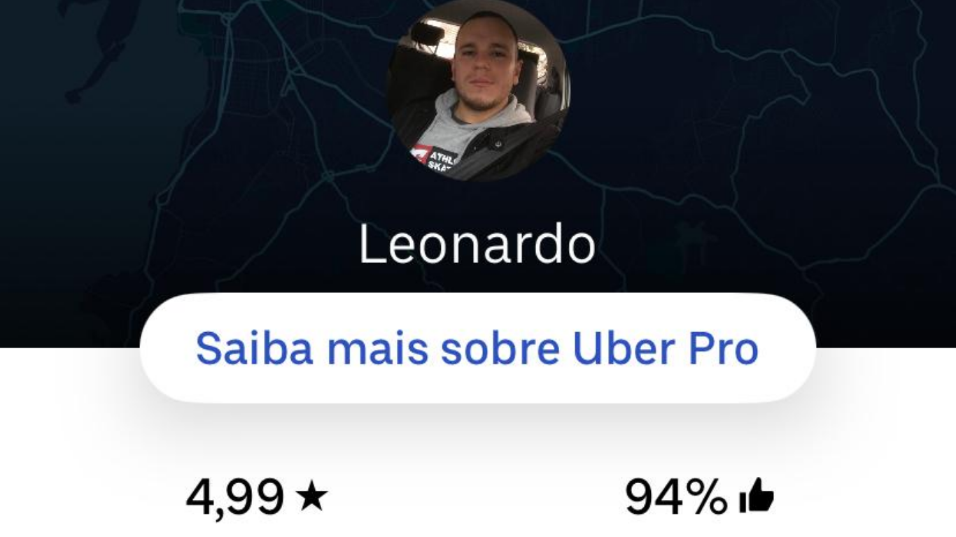 Perfil de motorista da Uber chamado Leonardo com nota 4,99 estrelas e 94% de curtidas dos passageiros.