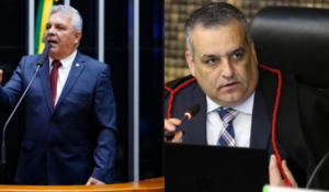 Imagem dividida em duas partes: à esquerda, um político discursando no plenário, e à direita, um juiz em seu gabinete, vestindo toga, com expressão séria e focada.