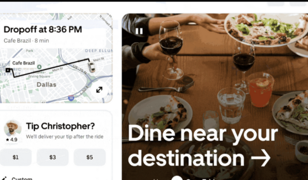 Tela do aplicativo Uber mostrando a rota para o destino Café Brazil em Dallas, com a opção de dar gorjeta ao motorista e sugestões de restaurantes próximos ao local de destino.