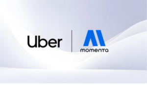 Logotipos da Uber e da Momenta lado a lado sobre um fundo claro com ondas suaves.