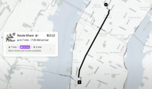 Mapa de trajeto urbano em Manhattan com rota de transporte marcada do sul ao norte, incluindo pontos de partida e chegada, tempo estimado e preço da viagem.