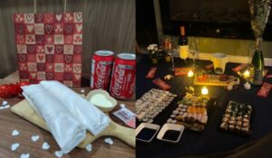 Montagem com duas imagens. À esquerda, dois wraps embalados em papel branco sobre uma tábua de madeira, acompanhados de dois copos de molho branco, três latas de Coca-Cola e um saco de presente decorado com corações vermelhos. À direita, um piquenique romântico em ambiente interno com velas acesas, flores, vinho, espumante, bombons, e uma grande variedade de sushi dispostos sobre uma toalha azul escura no chão.