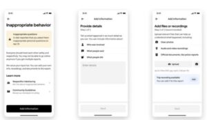 Interface do aplicativo da Uber mostrando o processo para motoristas e entregadores responderem a denúncias de comportamento inadequado, com opções para adicionar informações, detalhes e arquivos.