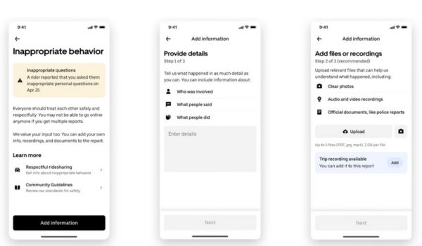 Interface do aplicativo da Uber mostrando o processo para motoristas e entregadores responderem a denúncias de comportamento inadequado, com opções para adicionar informações, detalhes e arquivos.
