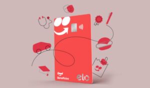 Cartão vermelho do iFood Benefícios com ícones ilustrativos ao redor representando diferentes categorias de uso, como saúde, transporte, alimentação, educação e lazer.
