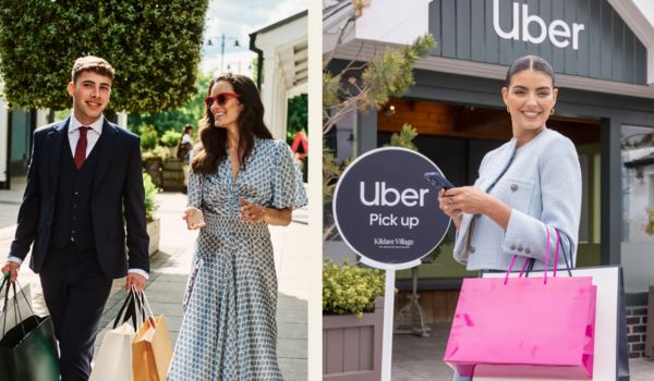 Duas cenas de compras em um outlet. À esquerda, um homem e uma mulher andam felizes com sacolas nas mãos. À direita, uma mulher sorri perto de uma placa de embarque da Uber, também carregando sacolas.