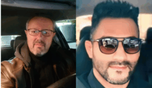 Dois homens sentados dentro de seus carros, cada um em uma metade da imagem. O homem à esquerda usa óculos de grau, tem barba grisalha e veste uma jaqueta marrom. O homem à direita usa óculos escuros, tem cabelo escuro estilizado e barba bem feita. Ambos estão olhando para a câmera com expressões neutras.