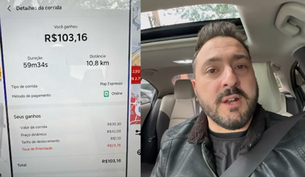 Motorista de aplicativo dentro do carro mostrando na tela do celular um valor de R$103,16 recebido por uma corrida de 10,8 km e quase 1 hora de duração.