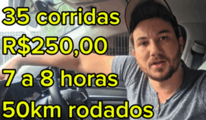 Homem dentro de um carro olhando para a câmera, com texto sobreposto em amarelo que diz: “35 corridas, R$250,00, 7 a 8 horas, 50km rodados”.