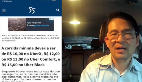 Homem de óculos, sentado dentro de um carro, aparece ao lado de uma captura de tela de uma matéria do site 55Content sobre tarifas mínimas para motoristas de aplicativo.