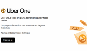 Banner promocional do Uber One com logo, chamada sobre programa de membros e botão "Inscreva-se". Oferece assinatura mensal por R$19,90 ou anual por R$198.