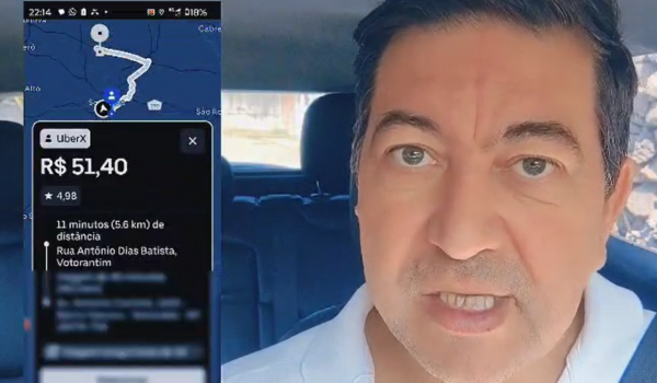 Homem dentro de um carro, falando diretamente para a câmera. Ao lado, aparece uma captura de tela do aplicativo Uber mostrando uma corrida de R$ 51,40 por um trajeto de 5,6 km em Votorantim.