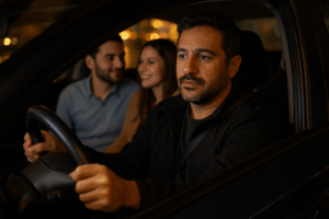 Homem dirigindo um carro à noite com expressão séria, enquanto um casal sentado no banco de trás sorri e conversa.