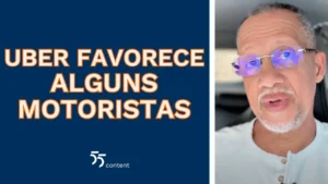 Homem de óculos com lentes azuladas fala em vídeo; ao lado, texto em destaque diz "Uber favorece alguns motoristas" sobre fundo azul.