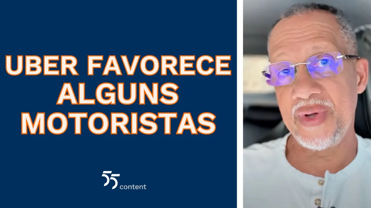 Homem de óculos com lentes azuladas fala em vídeo; ao lado, texto em destaque diz "Uber favorece alguns motoristas" sobre fundo azul.