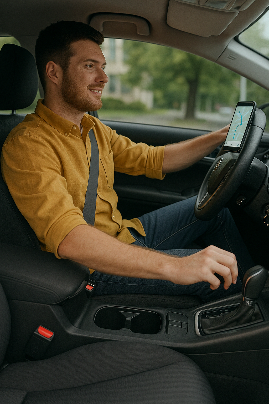 Homem dirigindo carro moderno, usando cinto de segurança e olhando para o GPS no celular preso ao painel.