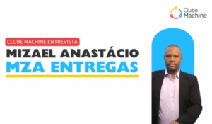 Homem de terno preto e camisa lilás posando sério ao lado do texto “Clube Machine Entrevista: Mizael Anastácio - MZA Entregas”, com o logotipo do Clube Machine no canto superior direito.