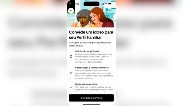 Tela de celular com ilustração de duas mulheres — uma idosa e outra jovem — e mensagem do aplicativo Uber convidando o usuário a adicionar um idoso ao Perfil Familiar, com benefícios como solicitação simplificada, acompanhamento e opções de pagamento.