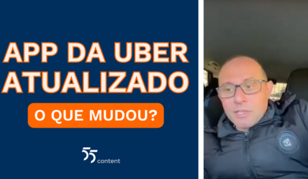 Tela dividida com fundo azul e texto "App da Uber atualizado – o que mudou?" à esquerda; à direita, um homem careca de óculos fala dentro de um carro, vestindo jaqueta preta com capuz.