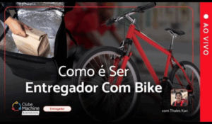 Imagem promocional de uma entrevista ao vivo com o tema "Como é Ser Entregador Com Bike", apresentada pelo Clube Machine. A imagem mostra uma bicicleta vermelha, uma mochila térmica aberta com uma mão segurando uma embalagem de entrega, e a foto do convidado Thales Kan no canto inferior direito. Há uma faixa vermelha lateral com o texto "AO VIVO".