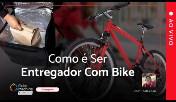 Imagem promocional de uma entrevista ao vivo com o tema "Como é Ser Entregador Com Bike", apresentada pelo Clube Machine. A imagem mostra uma bicicleta vermelha, uma mochila térmica aberta com uma mão segurando uma embalagem de entrega, e a foto do convidado Thales Kan no canto inferior direito. Há uma faixa vermelha lateral com o texto "AO VIVO".