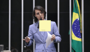 Pessoa de terno azul claro falando ao microfone em plenário com a bandeira do Brasil ao fundo.