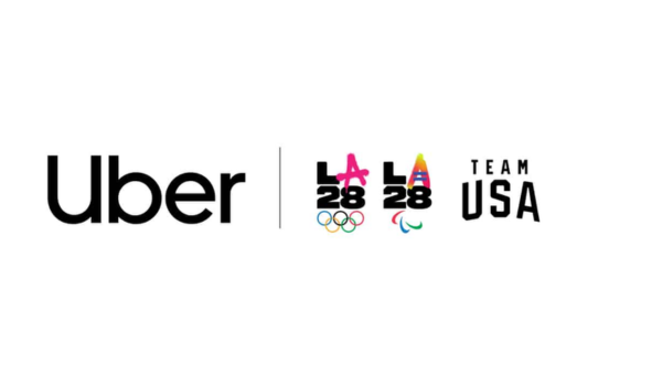 Logo da Uber ao lado dos logotipos dos Jogos Olímpicos e Paralímpicos de Los Angeles 2028 e da equipe olímpica dos Estados Unidos (Team USA).