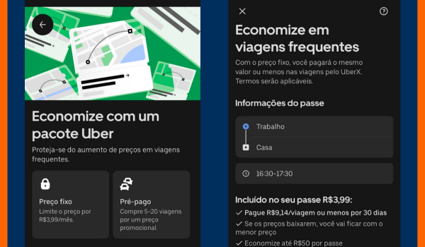 Funcionalidades Pré-Pago e Preço Fixo da Uber.