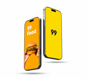 Dois celulares: um mostrando a logo da 99 e outro, com imagem de hambúrguer e logo da 99Food.