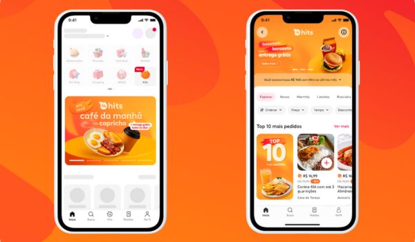 Duas telas de um aplicativo de delivery abertas em smartphones. A tela à esquerda exibe uma vitrine de cafés da manhã com destaque para ovos, pão e café. A tela à direita mostra uma seção com promoções, categorias e os “Top 10 mais pedidos”. Ambas as telas têm um design vibrante com tons de laranja e elementos gráficos modernos.