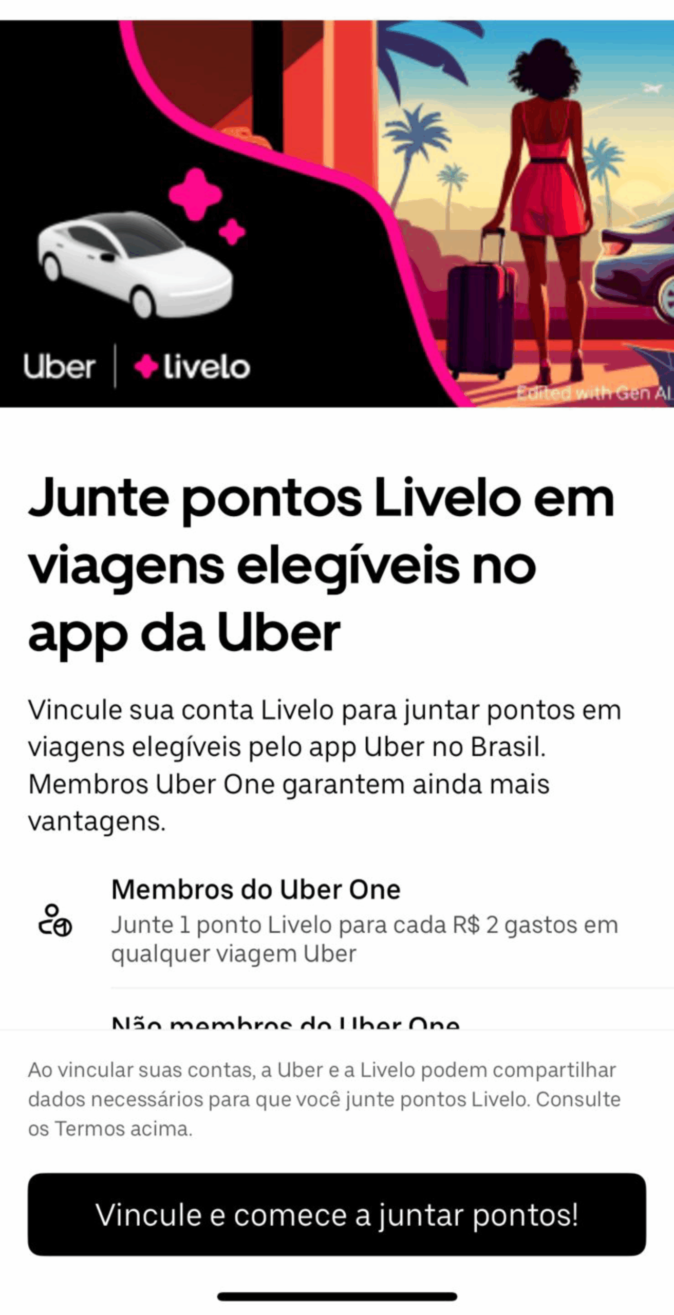 Tela do aplicativo da Uber, mostrando mensagem com anúncio da parceria com a Livelo, em que os usuários podem usar pontos para realizar as viagens.