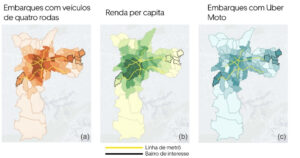 Figuras que mostram, em mapas, dados de viagem, com veículo de quatro rodas e moto, e renda per capita de pesquisa da Uber.