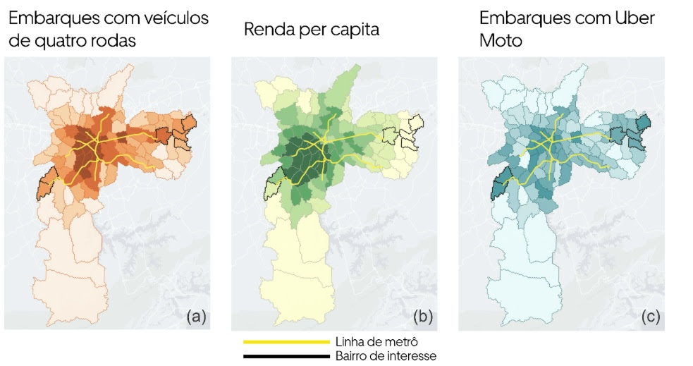 Figuras que mostram, em mapas, dados de viagem, com veículo de quatro rodas e moto, e renda per capita de pesquisa da Uber.