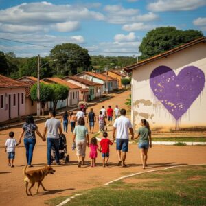 Pessoas, de diferentes faixas etárias, de mãos dadas em local do interior. Aparecem também um cachorro e um coração roxo, indicando o aplicativo aiqfome.