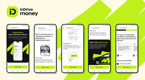 Cinco celulares com diferentes telas do inDrive, mostrando o inDrive.Money.