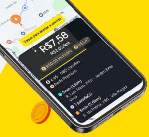 Tela de aplicativo de corrida por celular exibindo valor de R$7,58 por corrida, distância de 1 km e duas paradas próximas no mapa.