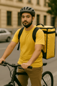 Entregador de aplicativo com mochila térmica amarela parado com bicicleta em rua urbana.