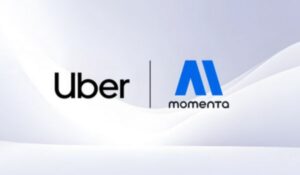 "Logotipos da Uber e da Momenta lado a lado em um fundo branco e suave, indicando uma parceria entre as empresas."