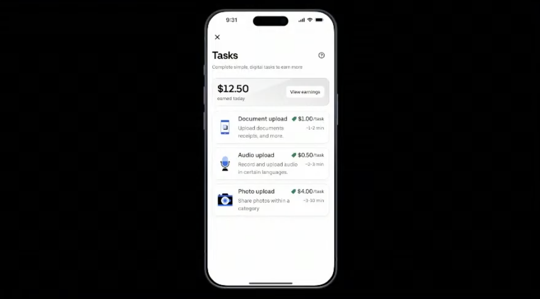 Tela de smartphone exibindo um aplicativo com tarefas digitais pagas, incluindo upload de documentos, áudios e fotos, com valores e tempos estimados por tarefa.