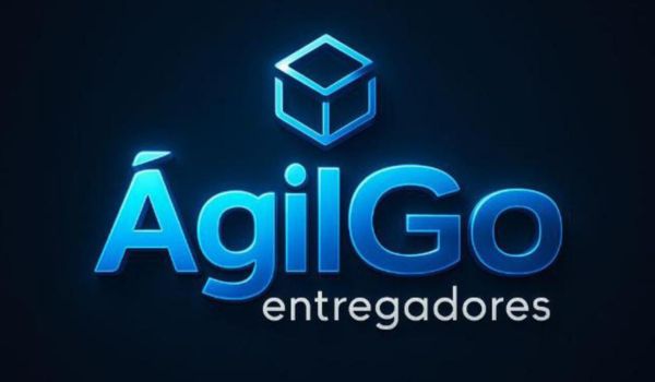 Logo da ÁgilGo Entregadores, com o nome da marca em letras azuis brilhantes e um ícone de caixa estilizada acima do texto.