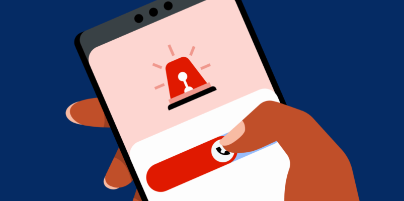 Animação com uma mão clicando na ligação em um celular, em que um símbolo de alerta está inserido.