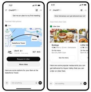Telas de celular exibindo a integração do ChatGPT com os serviços Uber e Uber Eats, com sugestões de corrida e restaurantes.