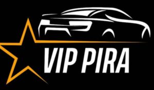 Logotipo do aplicativo Vip Pira, com uma estrela dourada à esquerda e o contorno estilizado de um carro branco acima do nome "VIP PIRA" em letras brancas sobre fundo preto.