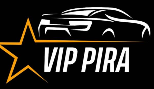 Logotipo do aplicativo Vip Pira, com uma estrela dourada à esquerda e o contorno estilizado de um carro branco acima do nome "VIP PIRA" em letras brancas sobre fundo preto.
