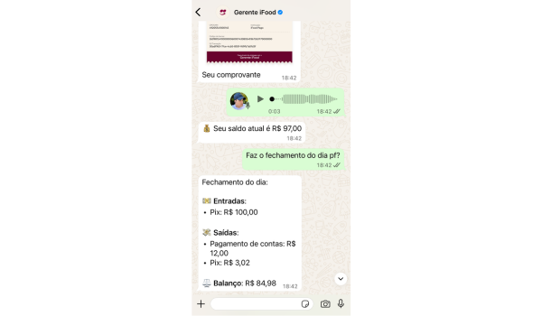Captura de tela de uma conversa no WhatsApp com o contato “Gerente iFood”, mostrando uma troca de mensagens sobre saldo e fechamento de contas do dia, com ícones e valores em reais.