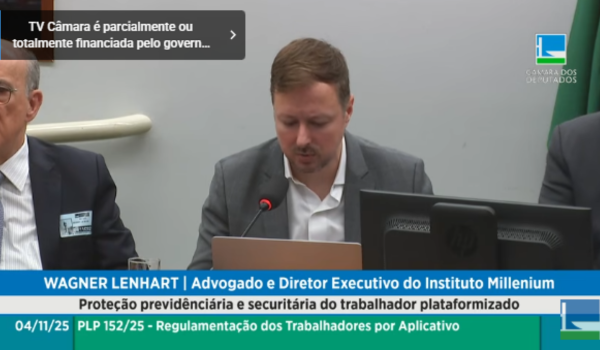 Wagner Lenhart, advogado e diretor executivo do Instituto Millenium, fala durante audiência pública na Câmara dos Deputados sobre a proteção previdenciária e securitária do trabalhador plataformizado.